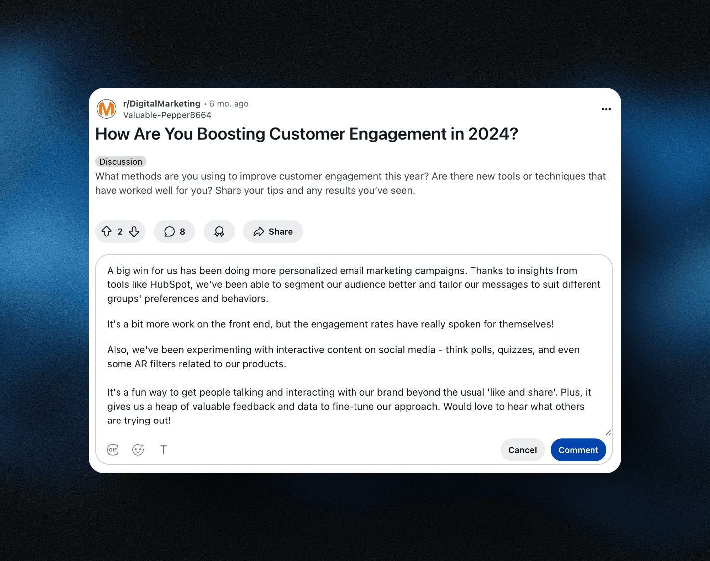 Discussion engagement interface with AI response suggestions